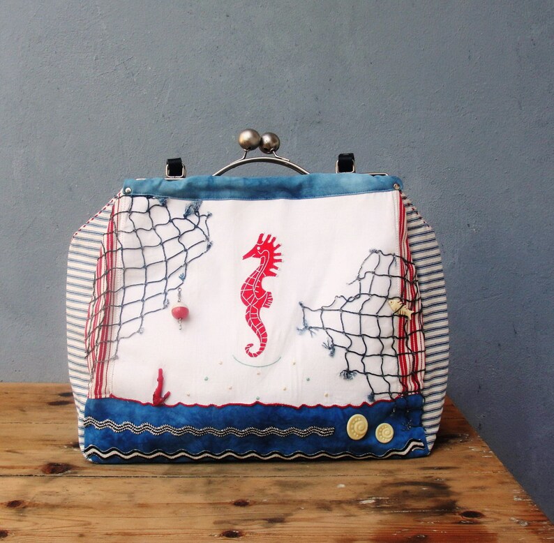 Sea Love Bag Vintage Nautical Seahorse Treasures, Kiss-lock, Leather, Beach finds image 1