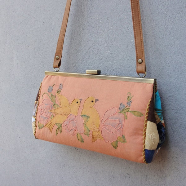 Vintage Embroidery Pouch Clutch Love Birds with Leather Strap