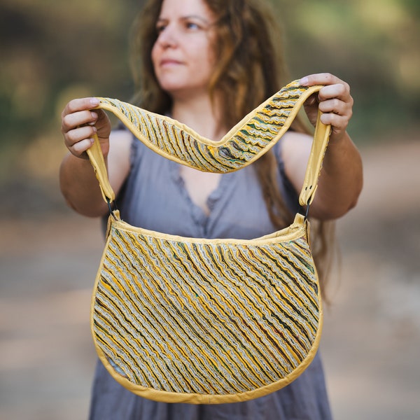 Yellow Leather Shoulder Bag Purse - Fordite Leather and Faux Chenille