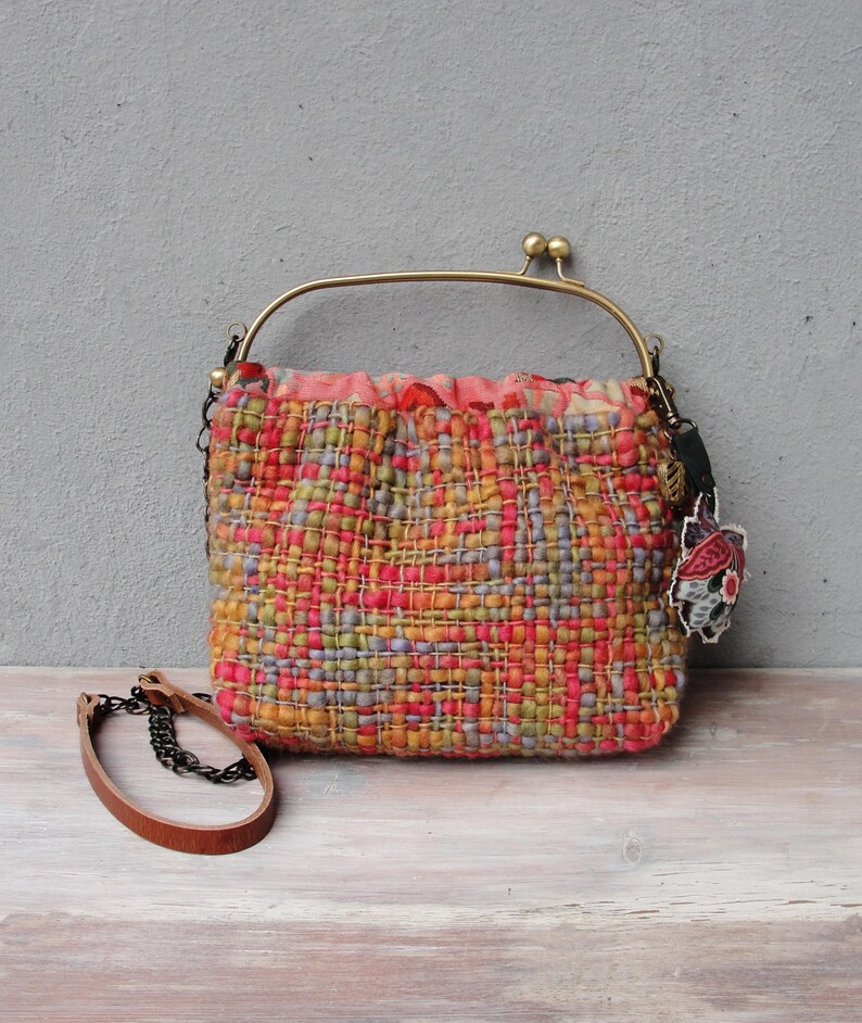 Woven Rainbow Bag, Hand Woven Bag, Flower Keychain, Mulitcolored Bag, Leather Strap, Kiss-lock image 2