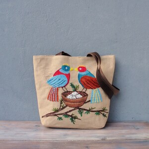 Burlap Leather Bird Tote Natural Woodland Bag image 3