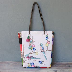 Embroidered Bird Tote Leather Buddy Birds Tote Colorful Bohemian Bag with Love Birds image 9