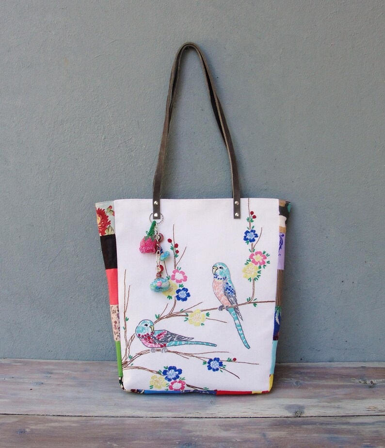 Embroidered Bird Tote Leather Buddy Birds Tote Colorful Bohemian Bag with Love Birds image 9