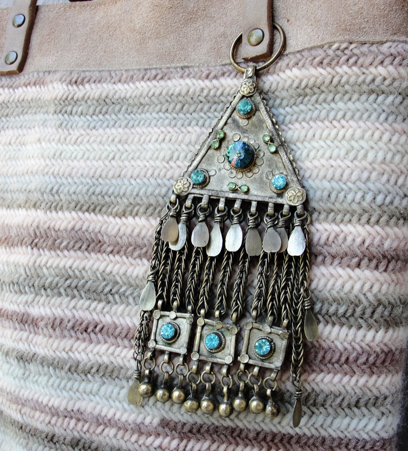 Bohemian Leather Bag, Knitted Leather Tote Bag made with Vintage Kuchi Tassel Charms, Boho Leather Bag image 3