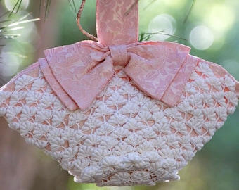 Crocheted Lace Bridal Purse, Pink Bow, Vintage Wedding Fabric
