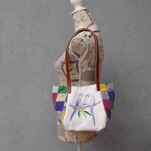 Woodland Parakeet Bird Bag Vintage Embroidery, Purple Patchwork and Leather Bag. image 5