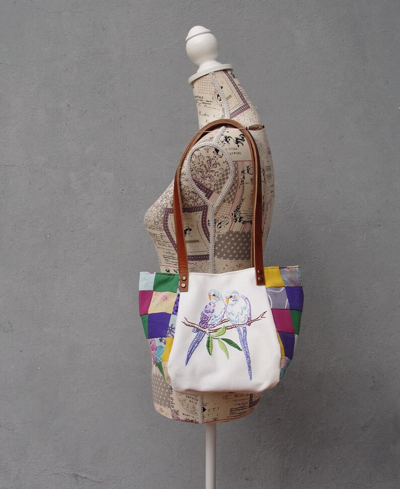 Woodland Parakeet Bird Bag Vintage Embroidery, Purple Patchwork and Leather Bag. image 5