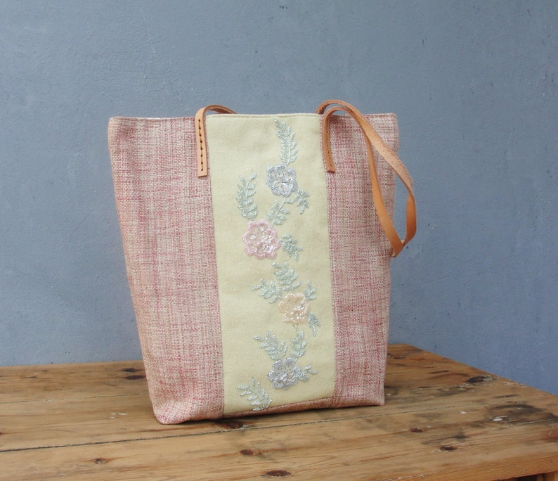 Sweet Life Tote Linen, Leather and Beaded Embroidery Tote Bag image 3