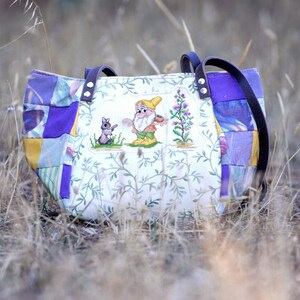 Fairy tale Bag - Snow White and the Seven Dwarfs - Vintage Embroidery, Purple Green, Patchwork and Leather Bag