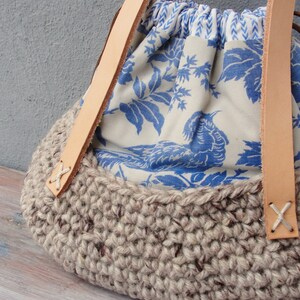 Bird's Nest Bag Antique Fabric, Leather Handles and Crochet image 6