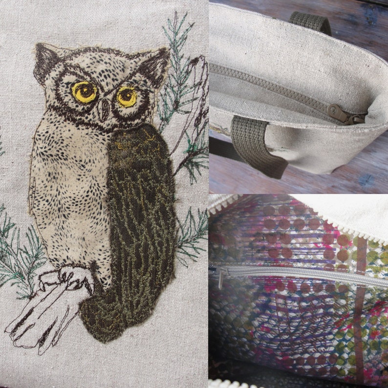 Linen Embroidered Owl Tote Natural Woodland Bag Etsy