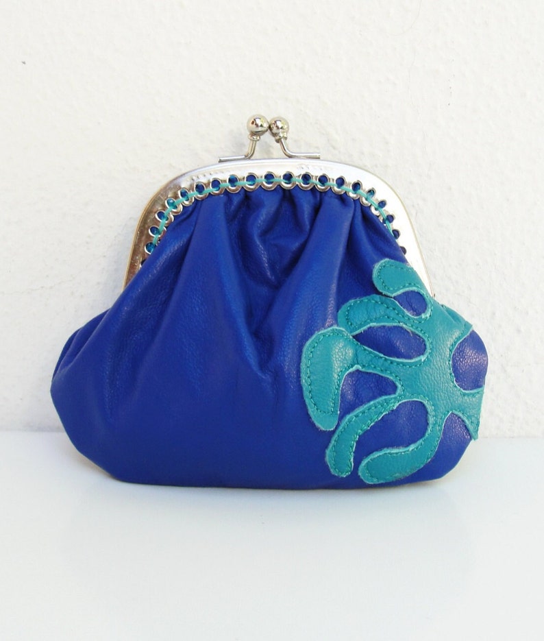 Cartera de cuero con cierre de beso Apliques de cuero azul y verde azulado imagen 8