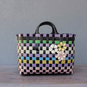 The Cutest Bag, Recycled Plastic Basket Bag, Multicolored and Black, Enamel flowers, Retro Purse image 1