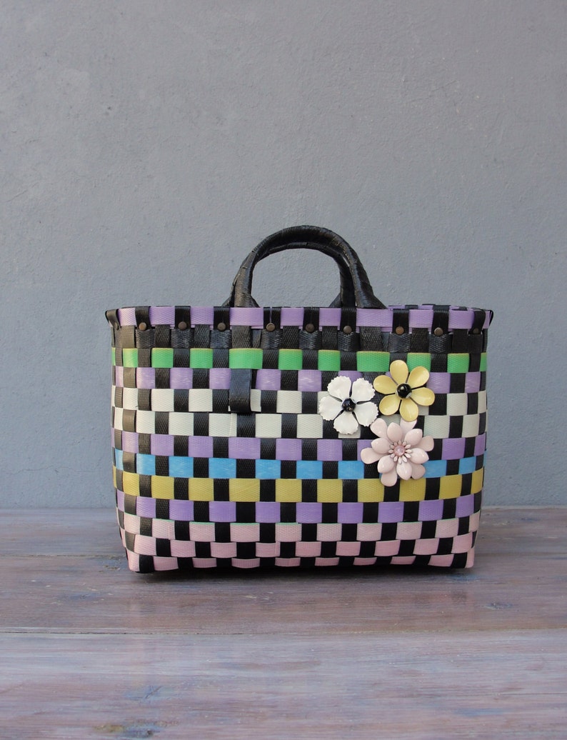 The Cutest Bag, Recycled Plastic Basket Bag, Multicolored and Black, Enamel flowers, Retro Purse image 1