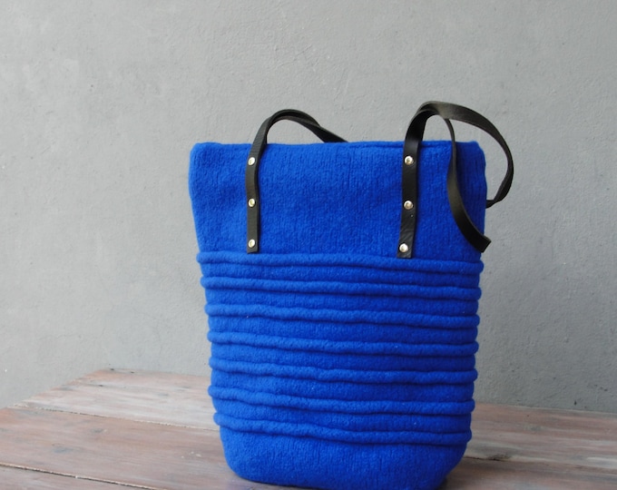 Knitted Felted Wool Bag Cobalt Blue Purse Leather Straps Etsy