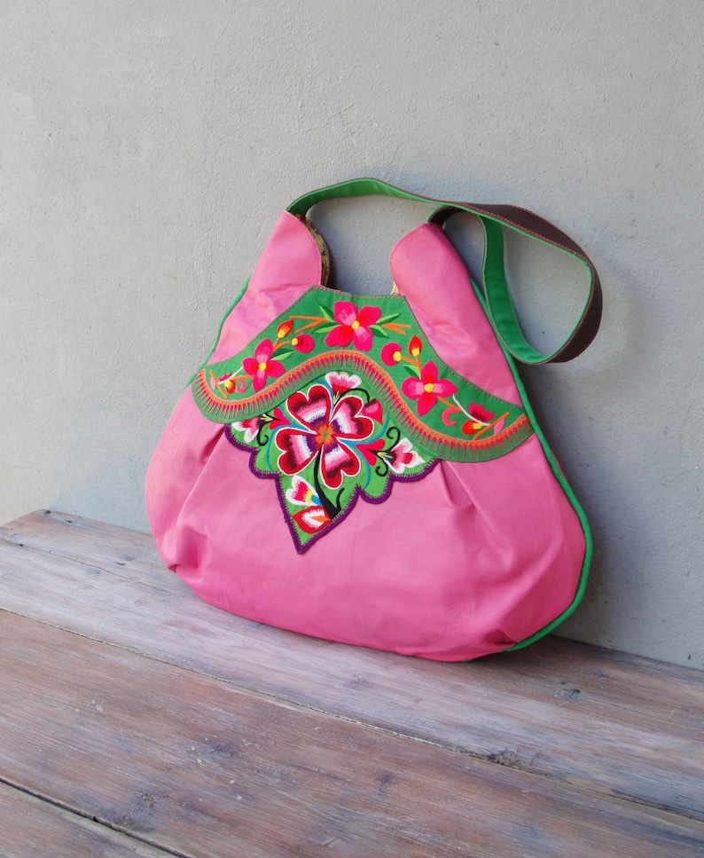 Vintage Embroidery and Leather Bag Large Pink Boho Purse image 4