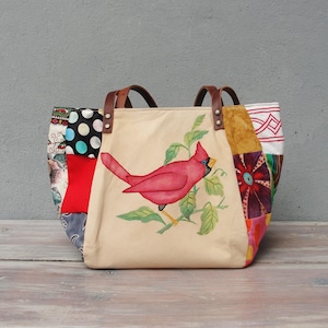 Woodland Bird Bag Vintage Embroidery and Patchwork with Leather Straps image 1