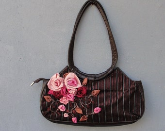 Ribbon Embroidered Shoulder Bag- Delicious Browns and Pinks