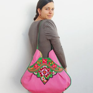 Vintage Embroidery and Leather Bag Large Pink Boho Purse image 6