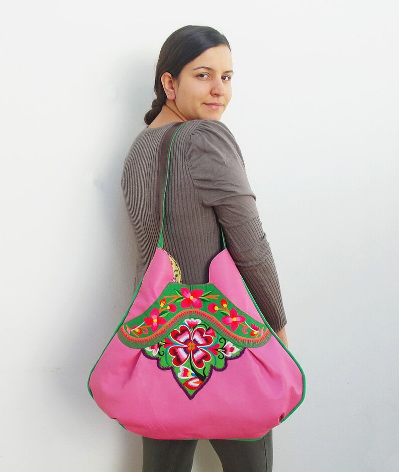 Vintage Embroidery and Leather Bag Large Pink Boho Purse image 6