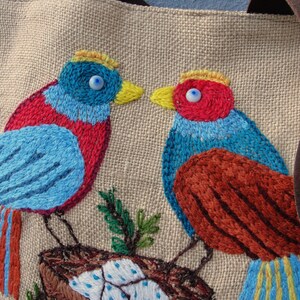 Burlap Leather Bird Tote Natural Woodland Bag image 2