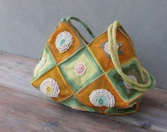 Colorful Floral Bag, Hand Crocheted Ombré Flower Bag in Orange and Green tones