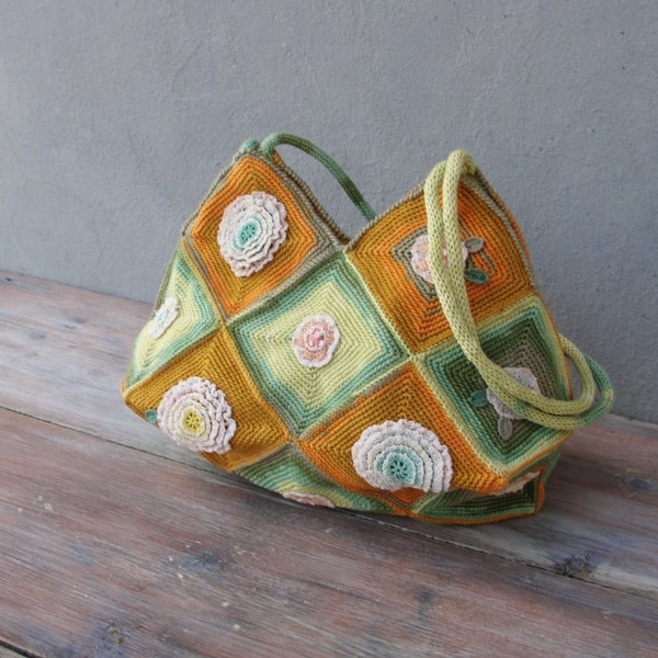 Colorful Floral Bag, Hand Crocheted Ombré Flower Bag in Orange and Green tones