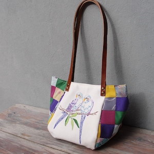 Woodland Parakeet Bird Bag Vintage Embroidery, Purple Patchwork and Leather Bag. image 3