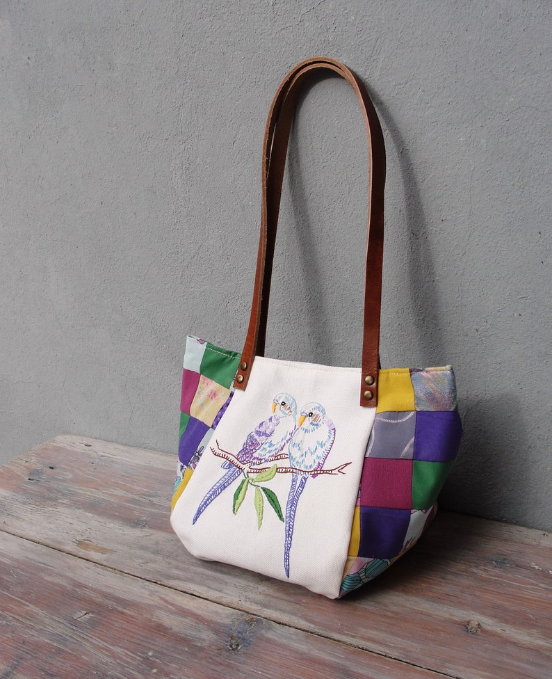 Woodland Parakeet Bird Bag Vintage Embroidery, Purple Patchwork and Leather Bag. image 3