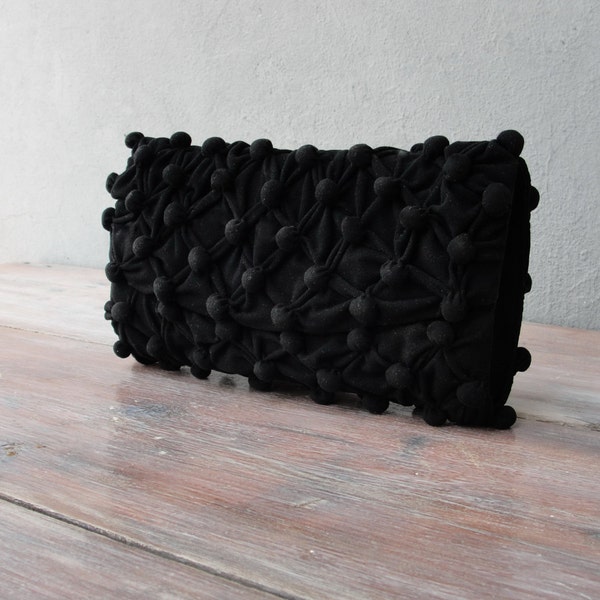 Black Honeycomb Purse - Bubble Smocked Clutch with Vintage Chain