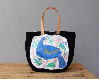 The Tampella Tote - Vintage bird printed Cotton with Leather handles