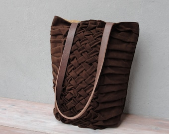 Smocked and Pleated Chocolate Bag, Leather Straps Dark Brown Tote