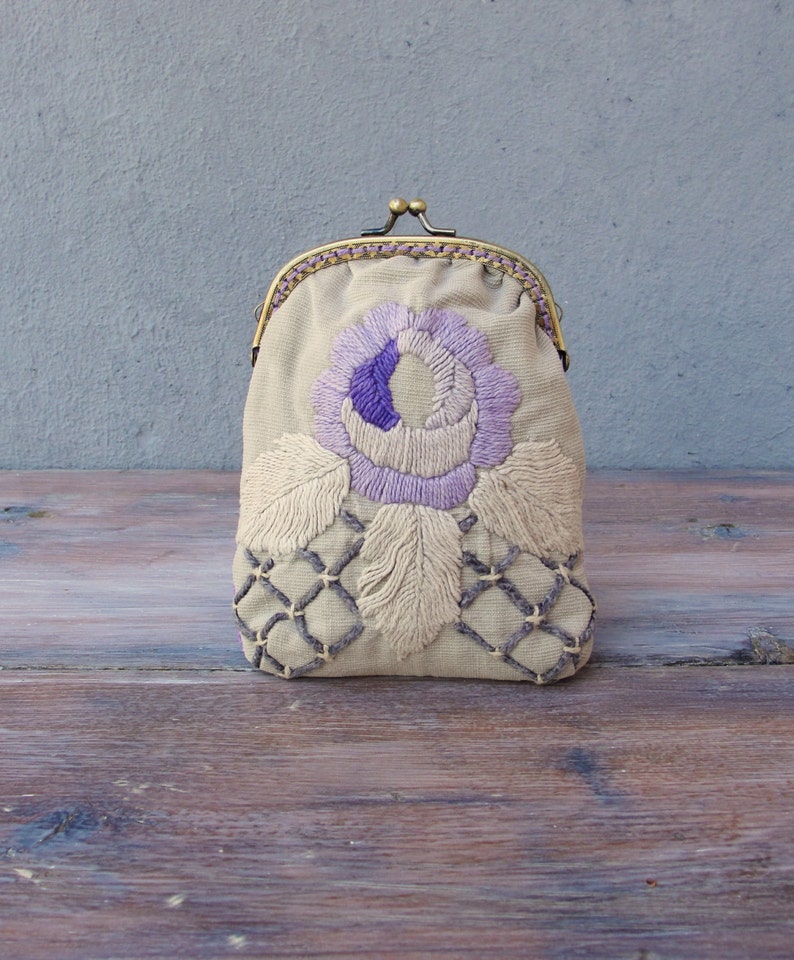 Romantic Clutch Lilac Vintage Embroidery Purse Kiss lock Pouch image 2