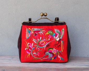 Vintage Silk Embroidery Bag, Red Bag, Kiss-lock, Leather, Velvet - Garden of Eden