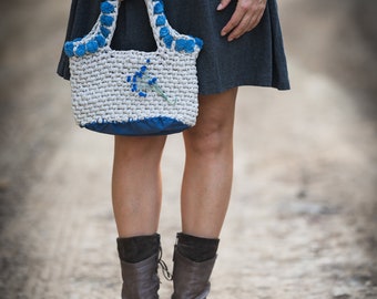 Blueberries Bag, Crocheted with Fabric Yarn and Leather Details Basket Style