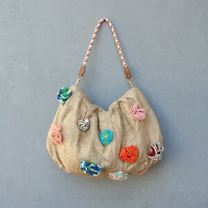 Bohemian Flower Purse Linen and Crocheted Flowers Bag image 4