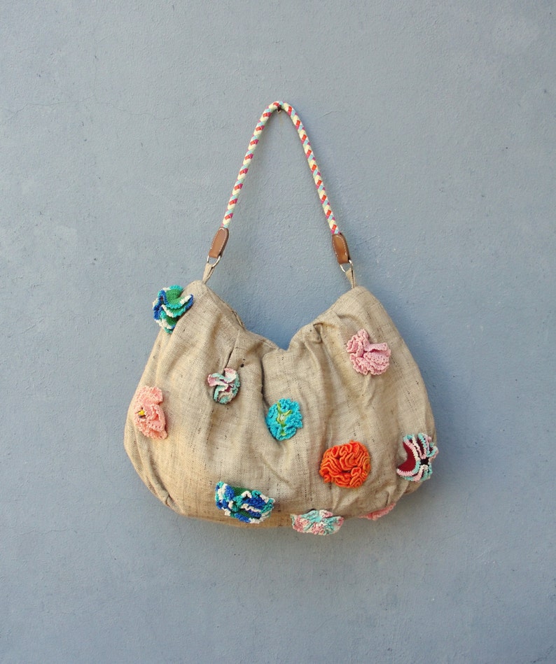 Bohemian Flower Purse Linen and Crocheted Flowers Bag image 4