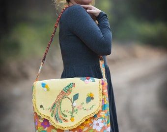 Embroidered Bird Messenger Laptop Macbook Bag Sleeve with Vintage Embroidery and Crocheted Leaves and Flowers