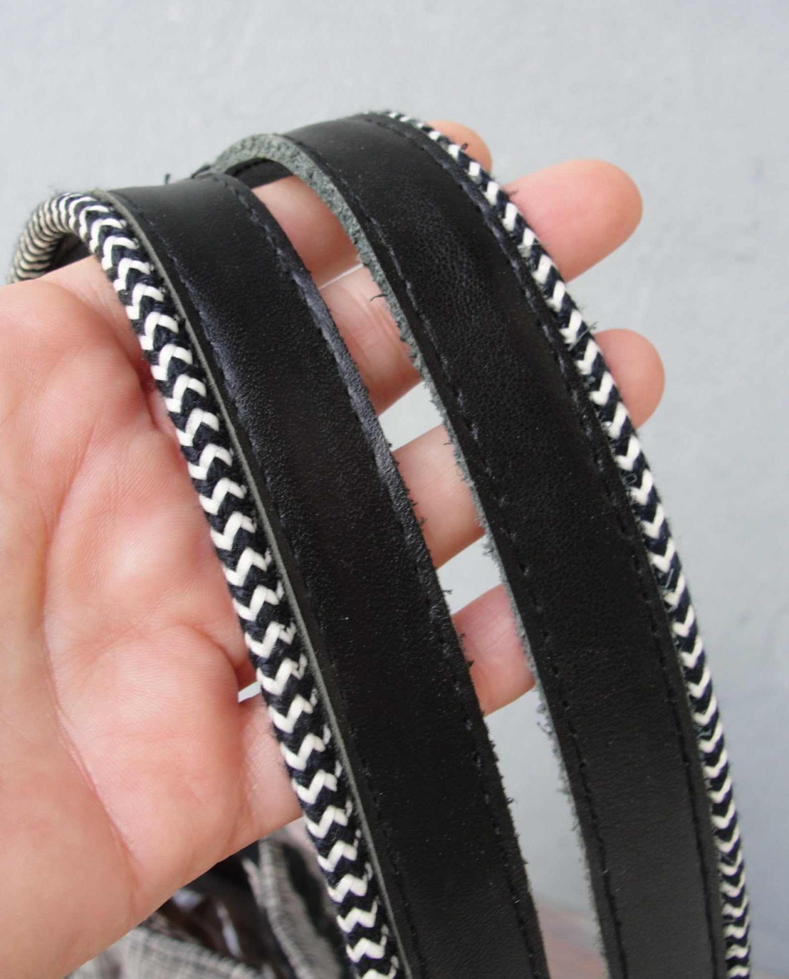 Abbey Road Shoulder Bag. Leather Straps. Black and White, Lace and