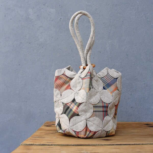 Plaids and Petals Bag - Window Quilting and Orinuno with Vintage Linen