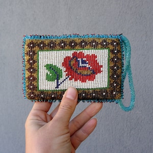 Bolsa de moedas com miçangas vintage, miçangas florais, carteira porta-moedas carteira vintage feita à mão com contas