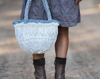 Pleated Doily Bag, Mori Girl Lace Purse, White and Light Blue Striped Purse