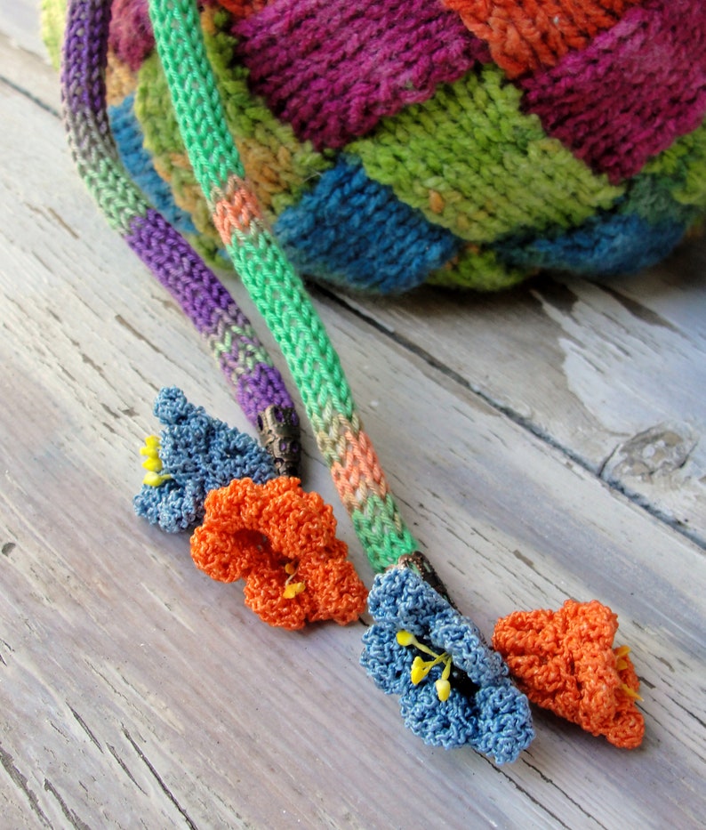 Rainbow Knitted Bag Geometry Pull String Purse Hand Knitted Etsy