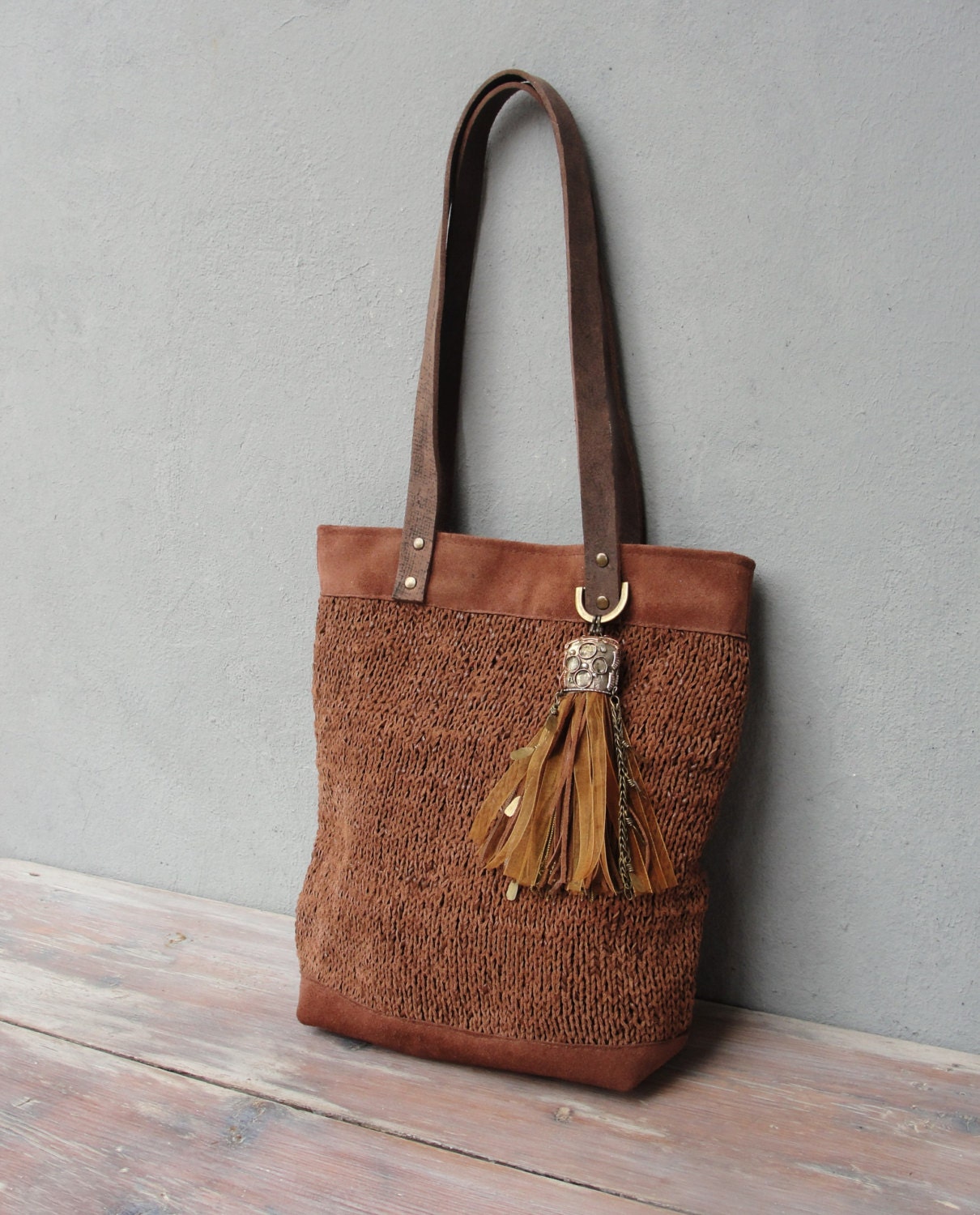 Bohemian Leather Bag Knitted Leather Tote Bag made with Etsy