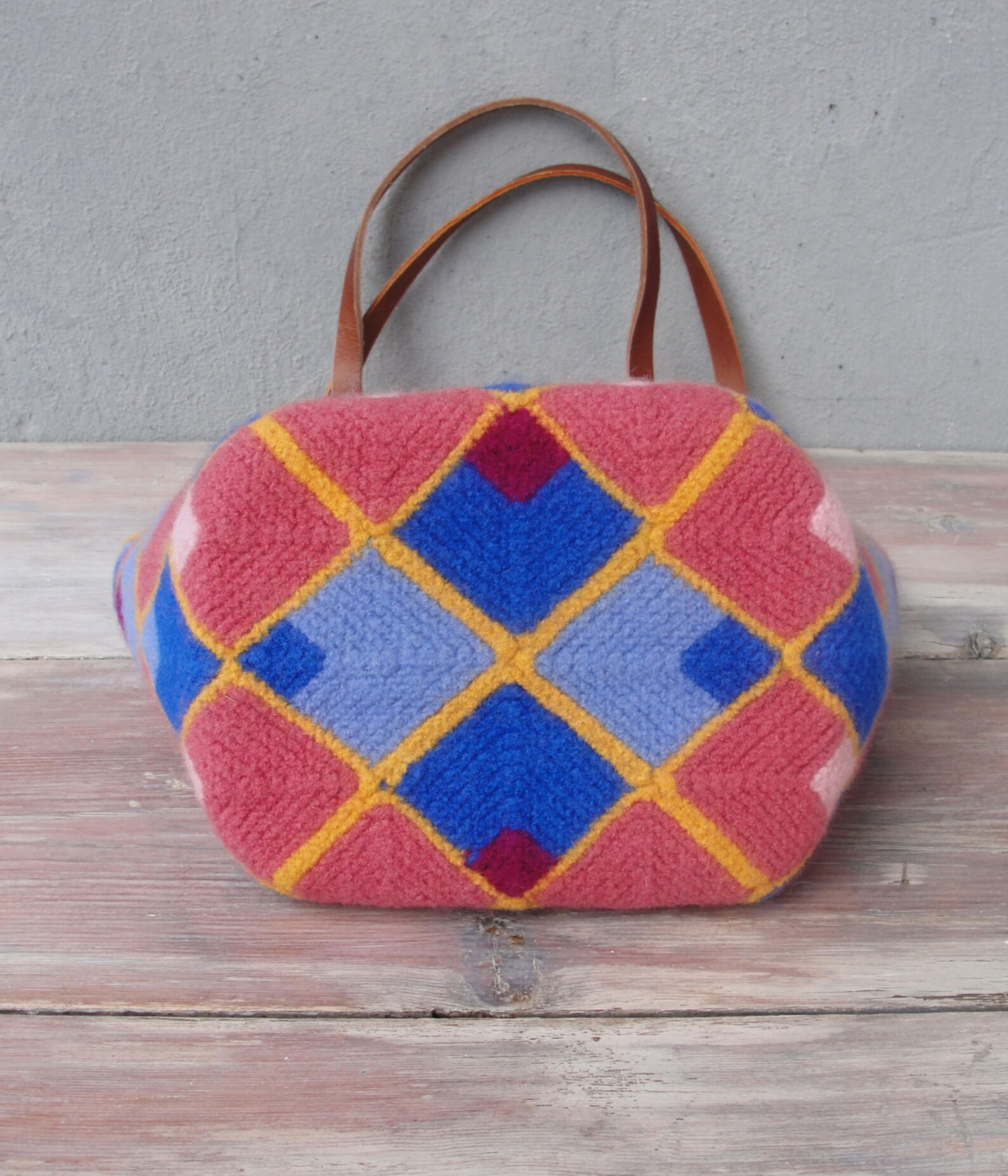 Knitted Felted Wool Bag Geometric Fun Checked Purse Etsy