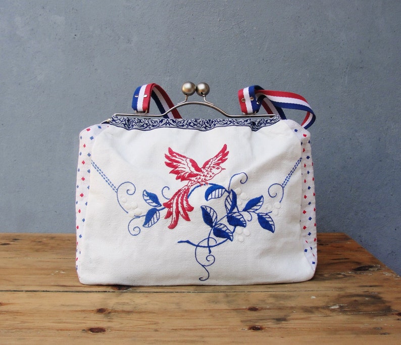 Bird of Freedom Bag Vintage Embroidery, Linen, Hand Woven Fabric, Kiss-lock image 1