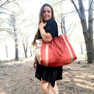 Large Linen Tote, Carryall, Burnt Terra Orange Linen, Vintage Floral Canvas image 3