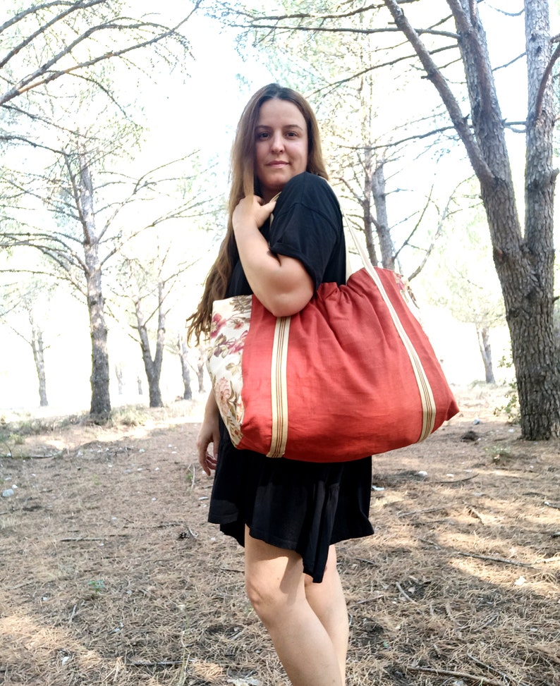 Large Linen Tote, Carryall, Burnt Terra Orange Linen, Vintage Floral Canvas image 3