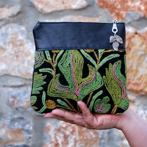 Monedero de cuero bordado, monedero, billetera vintage, cuero negro bordado a mano