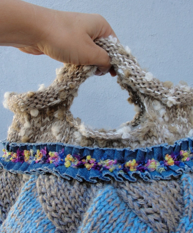 Ombre Knitted Bag, Soft Ocean Colors Bohemian Bag, Dark Blue, Light Blue and Sand Color image 7